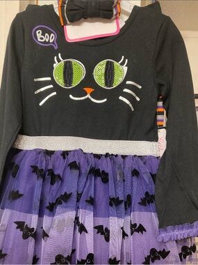 Little Lass Black & Purple Cat Tulle Dress with Striped Leggings